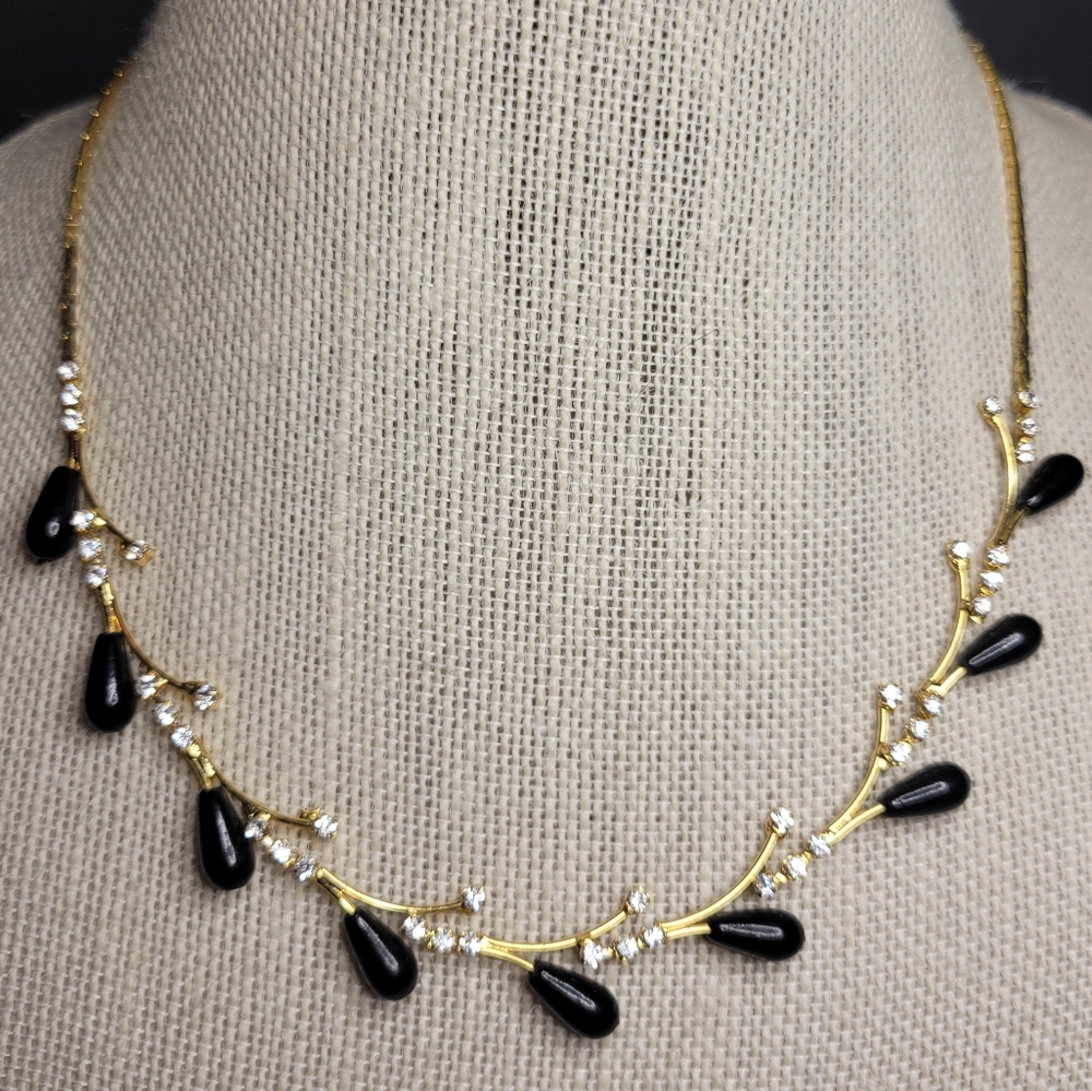 Black Olive Branch Rhinestone Goldtone Dainty Elegant Choker Statement Necklace